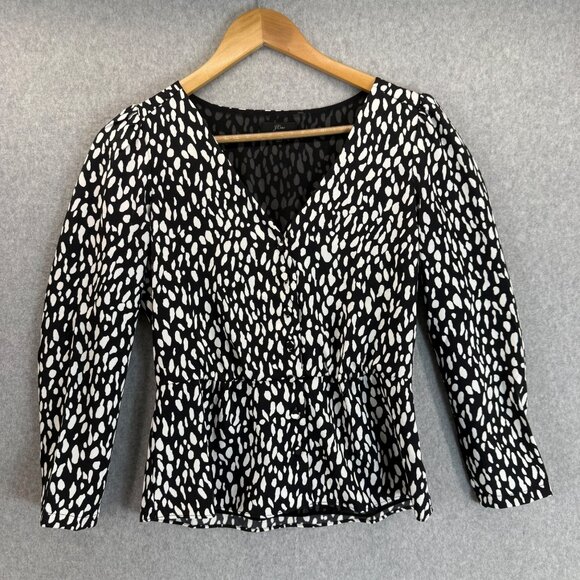 J.Crew Black White Ocelot Animal Print‎ Printed V-Neck 3/4 Sleeve Blouse Size 00 - Picture 1 of 13